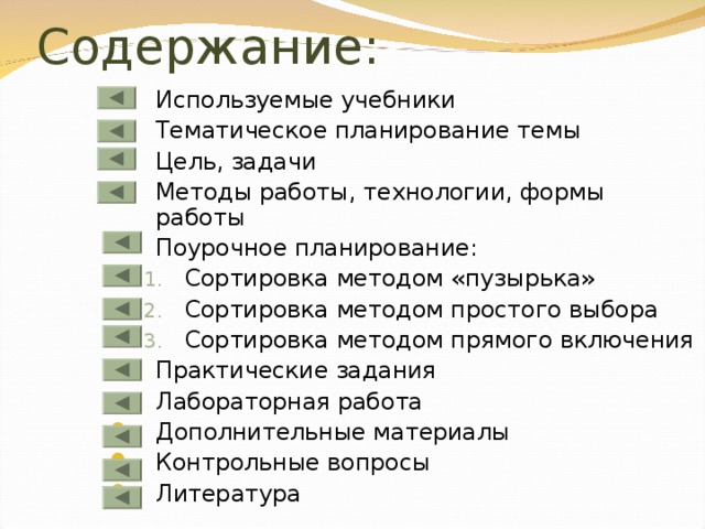 Содержание: Используемые учебники Тематическое планирование темы Цель, задачи Методы работы, технологии, формы работы Поурочное планирование: Сортировка методом «пузырька» Сортировка методом простого выбора Сортировка методом прямого включения Сортировка методом «пузырька» Сортировка методом простого выбора Сортировка методом прямого включения Практические задания Лабораторная работа Дополнительные материалы Контрольные вопросы Литература 