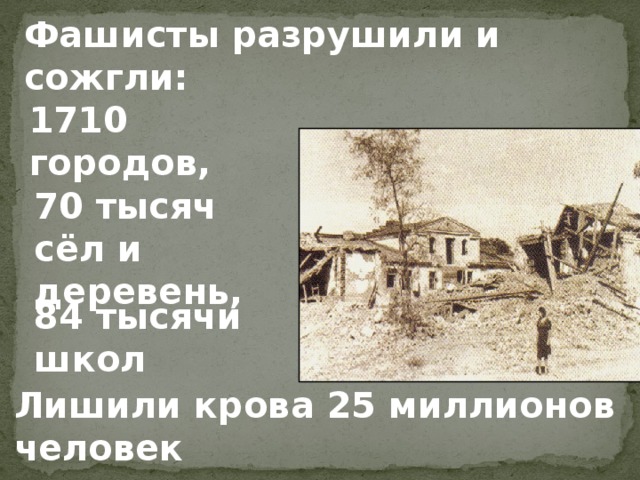 Фашисты разрушили и сожгли: 1710 городов, 70 тысяч сёл и деревень, 84 тысячи школ Лишили крова 25 миллионов человек 