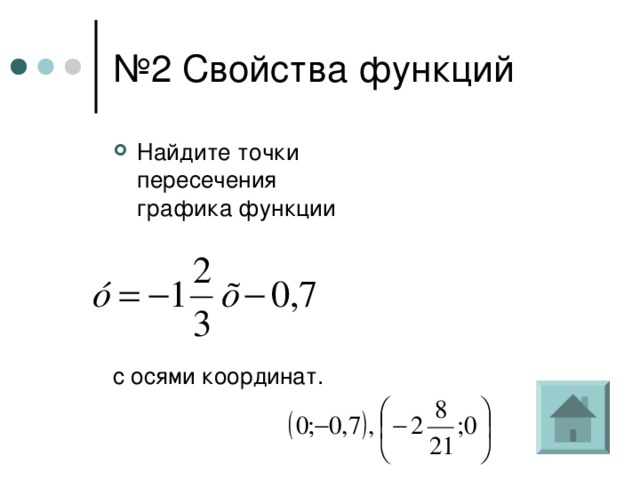 № 2 Свойства функций Найдите точки пересечения графика функции  с осями координат. 