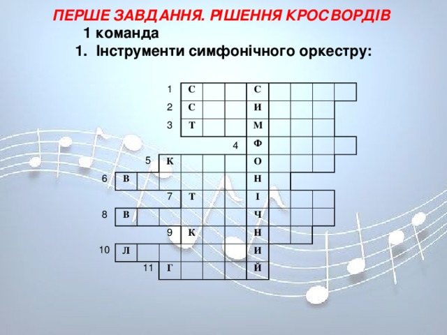 ПЕРШЕ ЗАВДАННЯ. РІШЕННЯ КРОСВОРДІВ   1 команда  1. Інструменти симфонічного оркестру:   1 2 С С 3 6 В Т 5 8 С К И В 7 4 М 10 Ф Т Л О 9 Н 11 К І Г Ч Н И Й 