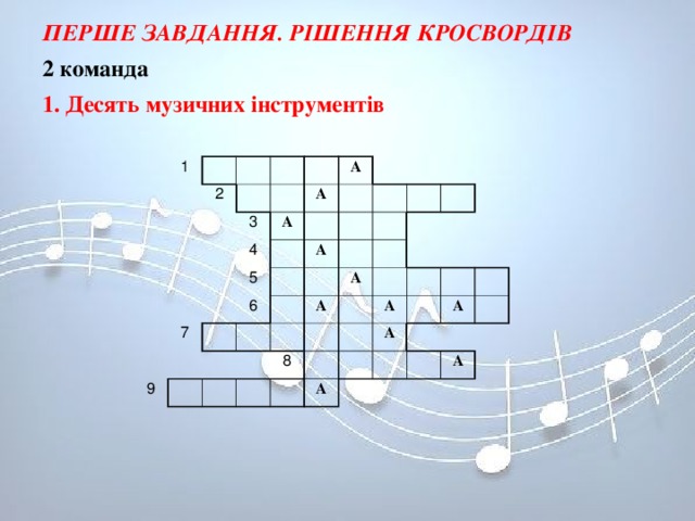 ПЕРШЕ ЗАВДАННЯ. РІШЕННЯ КРОСВОРДІВ 2 команда  1. Десять музичних інструментів   1 2 3 А 4 А А 7 5 6 А 9 А А 8 А А А А А 