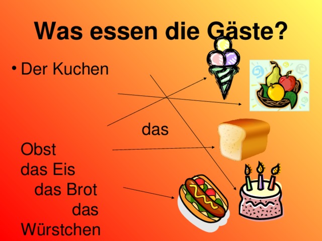 Was essen die Gäste ? Der Kuchen das Obst das Eis das Brot das Würstchen 