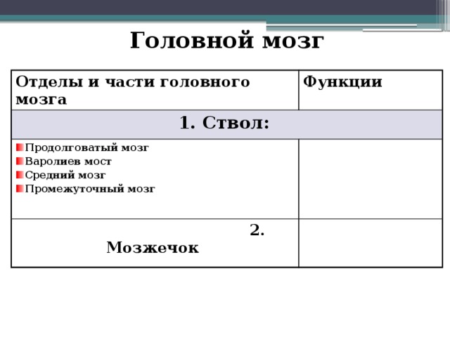 Головной мозг Отделы и части головного мозга Функции 1. Ствол: Продолговатый мозг Варолиев мост Средний мозг Промежуточный мозг  2.  Мозжечок 