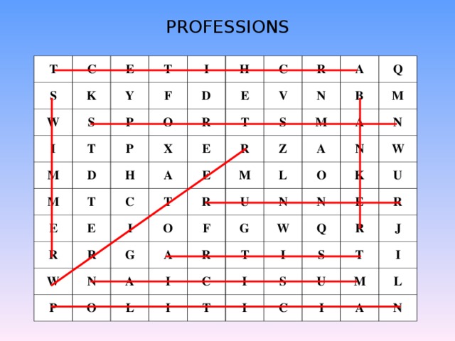 PROFESSIONS T S C K W E T Y I S M I F T L D P O M D H T E C H X E N E R D E C V A R I R T N W E A O R M N N O G P B Z R Q O A A A F M U A L G R L N O I N N W C W I T K N T Q E I I U I R S S R U J T C M I I L A N 