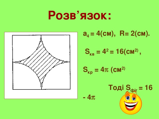 Розв’язок: а 4 = 4(см), R= 2(см).   S кв = 4 2 = 16(см 2) ,  S кр = 4  (см 2)  Тоді S фіг = 16 - 4  