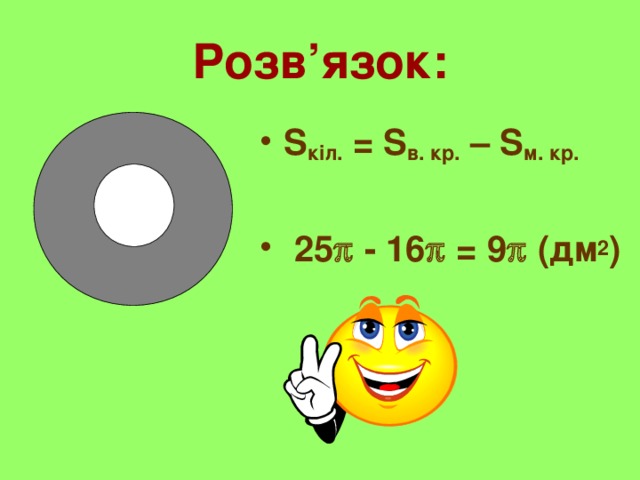 Розв’язок: S кіл. = S в. кр. – S м. кр.    25  - 16  = 9  (дм 2 ) 