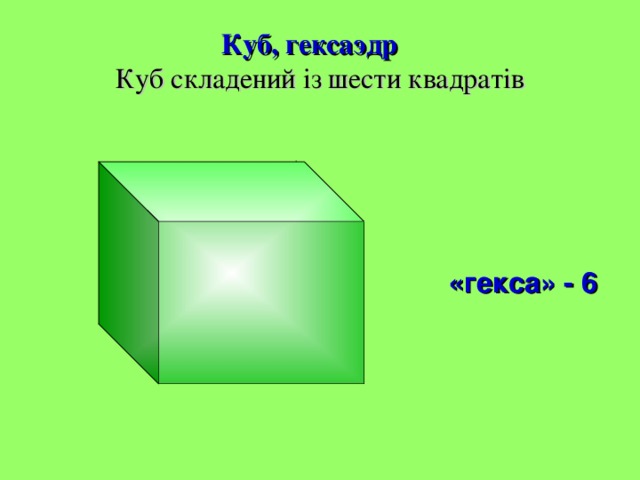 Куб, гексаэдр  Куб складений із шести квадратів «гекса» - 6 