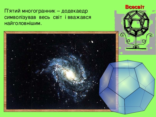 Всесвіт П’ятий многогранник – додекаедр символізував весь світ і вважався найголовнішим. 