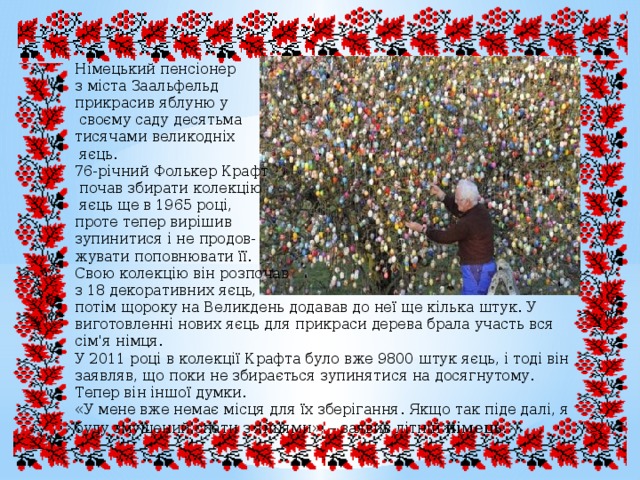 Німецький пенсіонер з міста Заальфельд прикрасив яблуню у  своєму саду десятьма тисячами великодніх  яєць. 76-річний Фолькер Крафт  почав збирати колекцію  яєць ще в 1965 році, проте тепер вирішив зупинитися і не продов- жувати поповнювати її. Свою колекцію він розпочав з 18 декоративних яєць, потім щороку на Великдень додавав до неї ще кілька штук. У виготовленні нових яєць для прикраси дерева брала участь вся сім'я німця. У 2011 році в колекції Крафта було вже 9800 штук яєць, і тоді він заявляв, що поки не збирається зупинятися на досягнутому. Тепер він іншої думки. «У мене вже немає місця для їх зберігання. Якщо так піде далі, я буду змушений спати з яйцями», – заявив літній німець. 