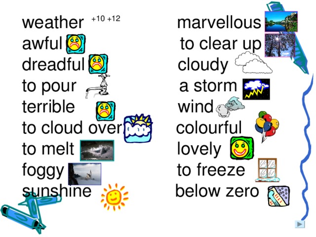 weather marvellous awful to clear up dreadful cloudy to pour a storm terrible wind to cloud over colourful to melt lovely foggy to freeze sunshine below zero +10 +12 