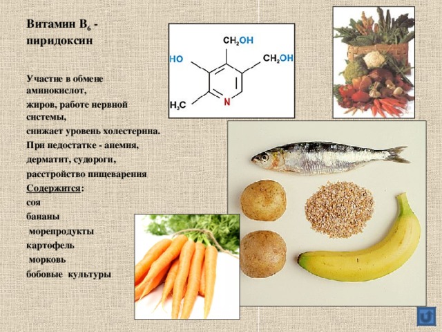 Витамин В 6 - пиридоксин Участие в обмене аминокислот, жиров, работе нервной системы, снижает уровень холестерина. При недостатке - анемия, дерматит, судороги, расстройство пищеварения Содержится : соя бананы  морепродукты картофель  морковь бобовые культуры  