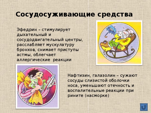 Сосудосуживающие средства Эфедрин – стимулирует дыхательный и сосудодвигательный центры, расслабляет мускулатуру бронхов, снимает приступы астмы, облегчает аллергические реакции Нафтизин, галазолин – сужают сосуды слизистой оболочки носа, уменьшают отечность и воспалительные реакции при рините (насморке) 