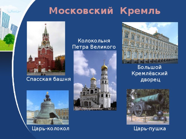 Московский Кремль Колокольня Петра Великого Большой Кремлёвский дворец Спасская башня Царь-колокол Царь-пушка 