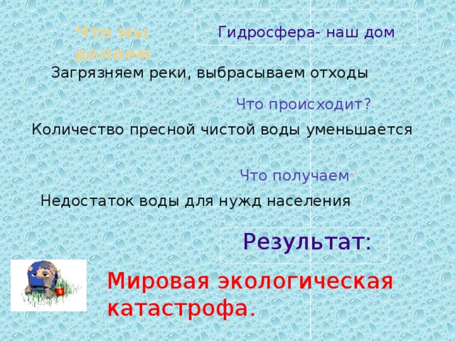 Гидросфера- наш дом Что мы делаем Загрязняем реки, выбрасываем отходы . Что происходит? Количество пресной чистой воды уменьшается Что получаем ? Недостаток воды для нужд населения Результат: Мировая экологическая катастрофа. 