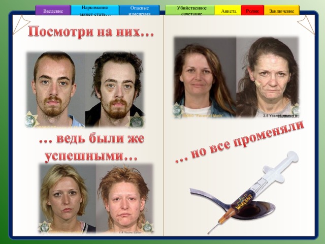 Введение Заключение Опасные изменения Наркомания может стать … Убийственное сочетание Ролик Анкета 