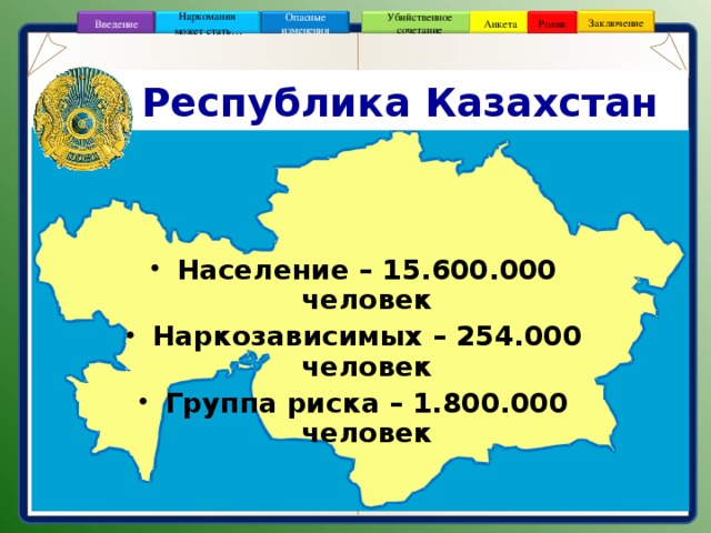 Заключение Опасные изменения Ролик Анкета Убийственное сочетание Наркомания может стать … Введение Республика Казахстан  Население – 15.600.000 человек Наркозависимых – 254.000 человек Группа риска – 1.800.000 человек 4 