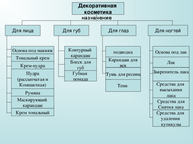 Декоративная косметика назначение Для лица Для губ Для глаз Для ногтей Контурный карандаш подводка Основа под макияж Основа под лак Тональный крем Карандаш для век Лак Блеск для губ Крем-пудра Закрепитель лака Тушь для ресниц Тени Пудра  (рассыпчатая и Компактная) Губная помада Средства для высыхания лака Румяна Маскирующий карандаш Средства для Снятия лака Крем тональный Средства для удаления кутикулы 