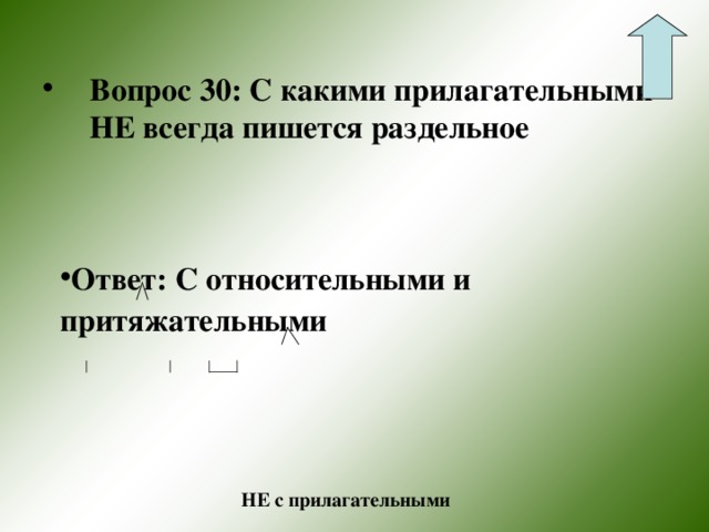 Вопрос 30: С какими прилагательными НЕ всегда пишется раздельное  Ответ: С относительными и притяжательными  НЕ с прилагательными 