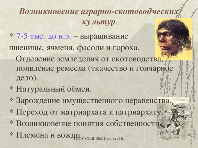 Возникновение аграрно-скотоводческих культур 7-5 тыс. до н.э. – выращивание пшеницы, ячменя, фасоли и гороха.  Отделение земледелия от скотоводства, появление ремесла (ткачество и гончарное дело). Натуральный обмен. Зарождение имущественного неравенства. Переход от матриархата к патриархату. Возникновение понятия собственности. Племена и вожди  ГБОУ СОШ 1062 Иркова Л.Е. 