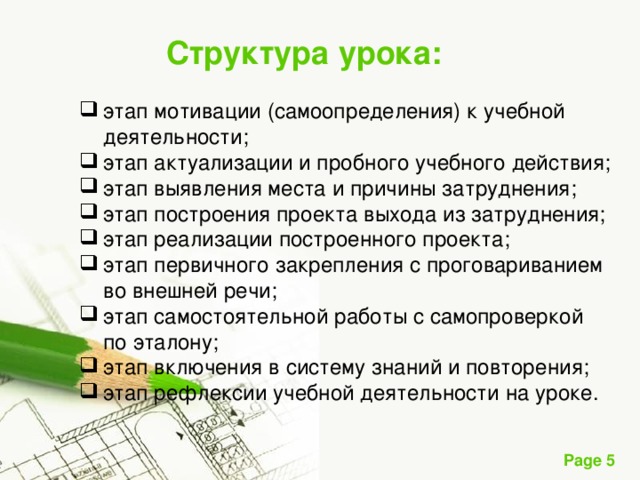 Структура урока: этап мотивации (самоопределения) к учебной деятельности; этап актуализации и пробного учебного действия; этап выявления места и причины затруднения; этап построения проекта выхода из затруднения; этап реализации построенного проекта; этап первичного закрепления с проговариванием во внешней речи; этап самостоятельной работы с самопроверкой по эталону; этап включения в систему знаний и повторения; этап рефлексии учебной деятельности на уроке.   