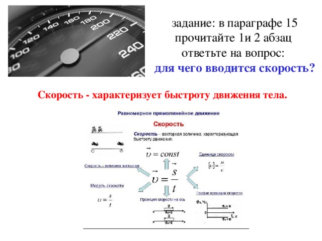 задание: в параграфе 15 прочитайте 1и 2 абзац  ответьте на вопрос:  для чего вводится скорость? Скорость - характеризует быстроту движения тела. 