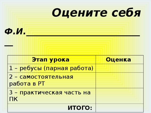  Оцените себя   Ф.И._____________________________ Этап урока  1 – ребусы (парная работа) Оценка 2 – самостоятельная работа в РТ 3 – практическая часть на ПК  ИТОГО:  