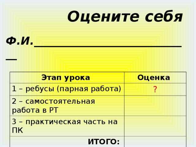  Оцените себя   Ф.И._____________________________ Этап урока  1 – ребусы (парная работа) Оценка 2 – самостоятельная работа в РТ ? 3 – практическая часть на ПК  ИТОГО:  