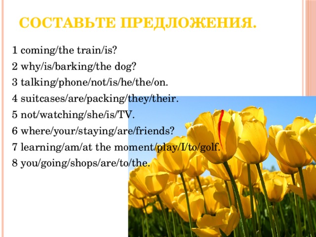 Составьте предложения.   1  coming/the train/is? 2 why/is/barking/the dog? 3 talking/phone/not/is/he/the/on. 4 suitcases/are/packing/they/their. 5 not/watching/she/is/TV. 6 where/your/staying/are/friends? 7 learning/am/at the moment/play/I/to/golf. 8 you/going/shops/are/to/the. 