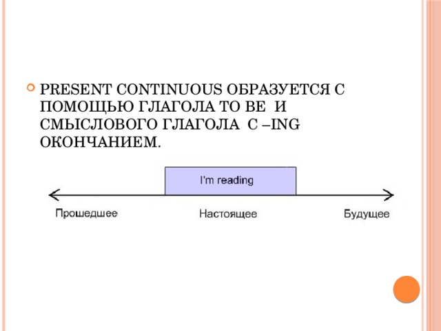 PRESENT CONTINUOUS ОБРАЗУЕТСЯ С ПОМОЩЬЮ ГЛАГОЛА TO BE И СМЫСЛОВОГО ГЛАГОЛА С –ING ОКОНЧАНИЕМ. 