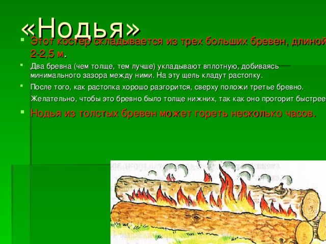 «Нодья»  Этот костер складывается из трех больших бревен, длиной 2-2,5 м . Два бревна (чем толще, тем лучше) укладывают вплотную, добиваясь минимального зазора между ними. На эту щель кладут растопку. После того, как растопка хорошо разгорится, сверху положи третье бревно. Желательно, чтобы это бревно было толще нижних, так как оно прогорит быстрее.  Нодья из толстых бревен может гореть несколько часов. 