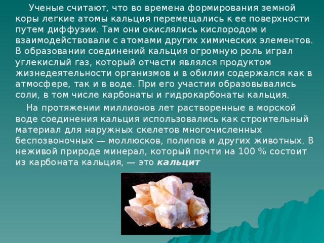  Ученые считают, что во времена формирования земной коры легкие атомы кальция перемещались к ее поверхности путем диффузии. Там они окислялись кислородом и взаимодействовали с атомами других химических элементов. В образовании соединений кальция огромную роль играл углекислый газ, который отчасти являлся продуктом жизнедеятельности организмов и в обилии содержался как в атмосфере, так и в воде. При его участии образовывались соли, в том числе карбонаты и гидрокарбонаты кальция.  На протяжении миллионов лет растворенные в морской воде соединения кальция использовались как строительный материал для наружных скелетов многочисленных беспозвоночных — моллюсков, полипов и других животных. В неживой природе минерал, который почти на 100 % состоит из карбоната кальция, — это кальцит 