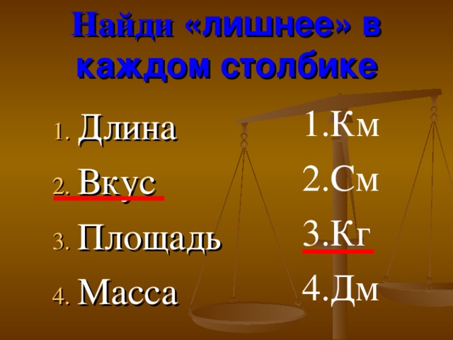Найди «лишнее» в каждом столбике Км См Кг Дм Длина Вкус Площадь Масса 