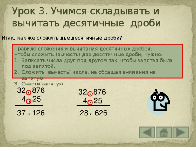 Урок 3. Учимся складывать и вычитать десятичные дроби Итак, как же сложить две десятичные дроби? Правило сложения и вычитания десятичных дробей: Чтобы сложить (вычесть) две десятичные дроби, нужно: Записать числа друг под другом так, чтобы запятая была под запятой. Сложить (вычесть) числа, не обращая внимания на запятую. Снести запятую 32 , 876 32 , 876 + 4 , 25 - 4 , 25 , , 37 126 28 626 