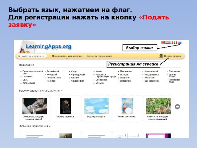 Выбрать язык, нажатием на флаг.  Для регистрации нажать на кнопку «Подать заявку» 