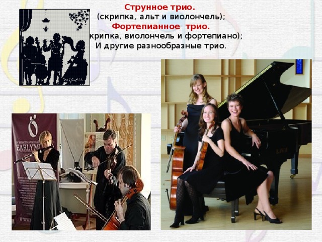 Струнное трио.  (скрипка, альт и виолончель); Фортепианное трио.   (скрипка, виолончель и фортепиано); И другие разнообразные трио. 