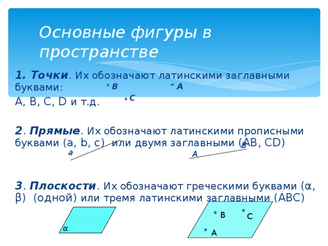 а Основные фигуры в пространстве 1. Точки . Их обозначают латинскими заглавными буквами:  A, B, C, D  и т.д . 2 . Прямые . Их обозначают латинскими прописными буквами ( a, b, c )   или двумя заглавными ( AB, CD ) 3 . Плоскости . Их обозначают греческими буквами ( α , β ) (одной) или тремя латинскими заглавными ( ABC) В А С В А В С А 