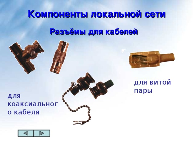 Компоненты локальной сети Разъёмы для кабелей для витой пары для коаксиального кабеля 