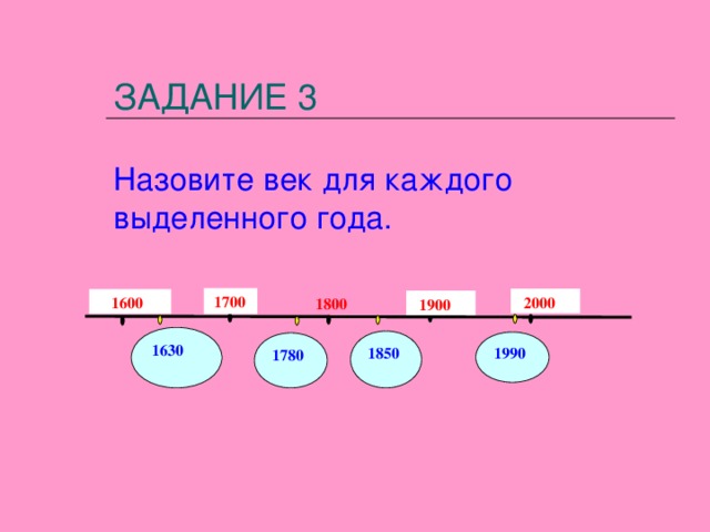 ЗАДАНИЕ 3   Назовите век для каждого выделенного года.  1700    2000  1600  1800  1900 1630 1850 1990 1780 