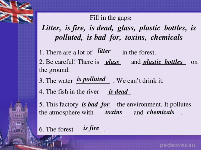 Fill in the gaps : Litter, is fire, is dead, glass, plastic bottles, is polluted, is bad for, toxins, chemicals  litter 1. There are a lot of _____ in the forest. plastic bottles 2. Be careful! There is _____ and _____________ on the ground. glass is polluted 3. The water __________ . We can’t drink it. is dead 4. The fish in the river _______ 5. This factory _________ the environment. It pollutes the atmosphere with ______ and _________ . is bad for toxins chemicals  is fire 6. The forest ______ . 