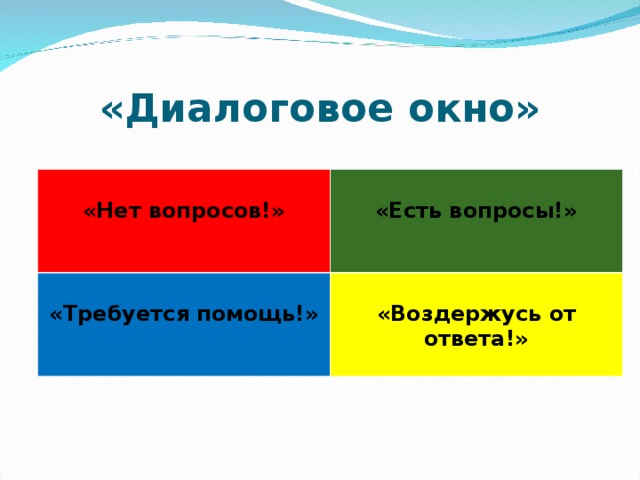 «Диалоговое окно»  «Нет вопросов!»  «Есть вопросы!»  «Требуется помощь!»  «Воздержусь от ответа!» 