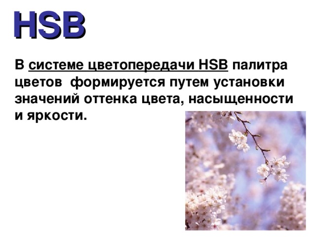 HSB В системе цветопередачи HSB палитра цветов формируется путем установки значений оттенка цвета, насыщенности и яркости. 