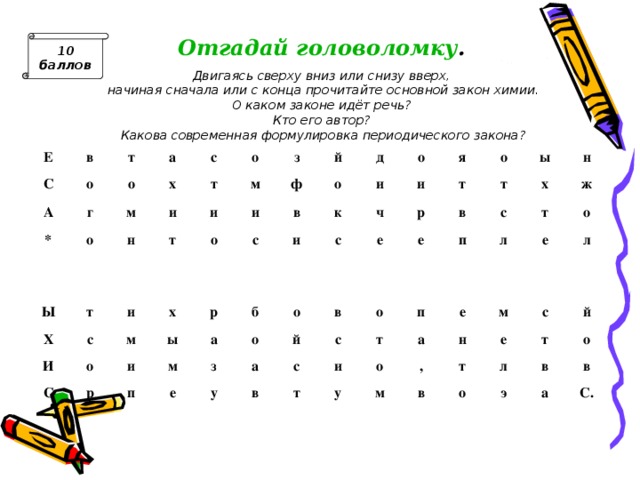 Отгадай головоломку . 10 баллов Двигаясь сверху вниз или снизу вверх, начиная сначала или с конца прочитайте основной закон химии. О каком законе идёт речь? Кто его автор? Какова современная формулировка периодического закона? Е в С о А т о * г а о х м с Ы и о т н т т м з Х и о с и ф й и И х с о м С д о в р и р ы и к о и б и с я м а ч п о т о е р о е з е в т ы в у й а с о в х с п н с п ж л т т т и а е е о у о л м м , н с е в т й т л о о э в в а С. Ответ: «Свойства элементов, а потому и свойства образуемых ими простых и сложных тел стоят в периодической зависи­мости от их атомного веса»  ( 
