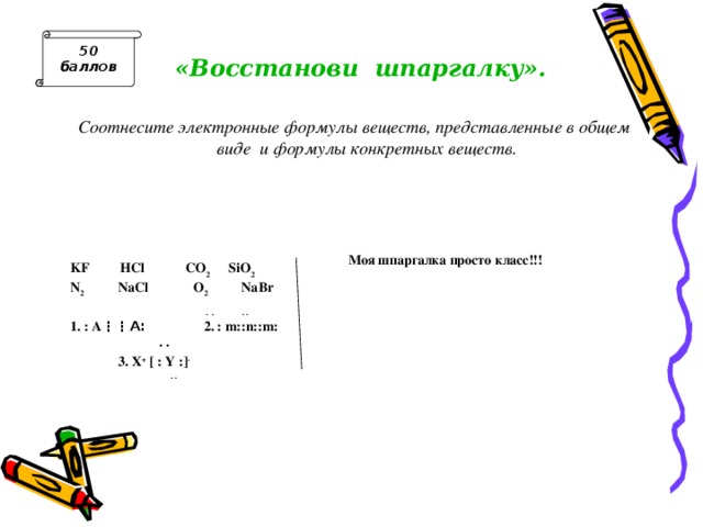 50 баллов «Восстанови  шпаргалку». Соотнесите электронные формулы веществ, представленные в общем виде и формулы конкретных веществ.  KF HCl CO 2 SiO 2 N 2 NaCl O 2 NaBr  . . . . 1. : A ⋮⋮ A: 2. : m::n::m:   . .  3. X + [ : Y :] -    . .    Моя шпаргалка просто класс!!!  . .  . .   Ответ : : A⋮⋮A:- N2, : m::n::m: - CO2, SiO2, X+ [ : Y :]- -  KF,  NaCl, NaBr  