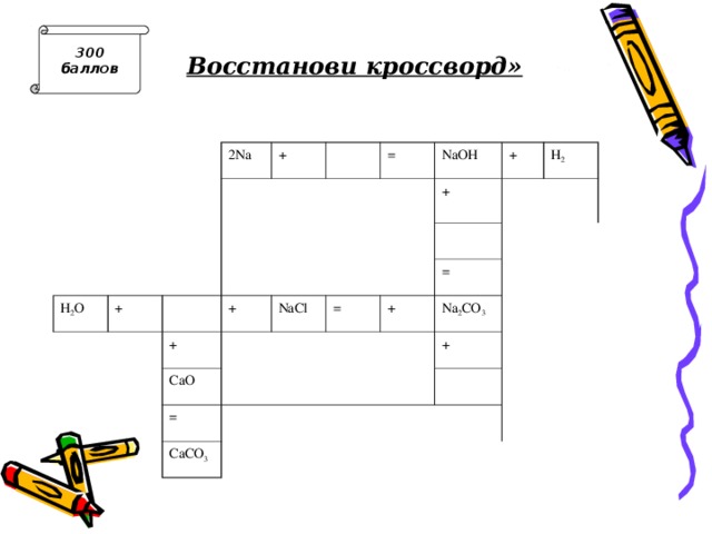 Восстанови кроссворд» 300 баллов 2Na H 2 O + + = NaOH + + + + NaCl CaO H 2 = = = + CaCO 3 Na 2 CO 3 + 