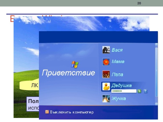  Вход в Windows Имя пользователя Пароль ЛКМ = левая кнопка мыши Пользователь – это человек, который использует компьютер. 