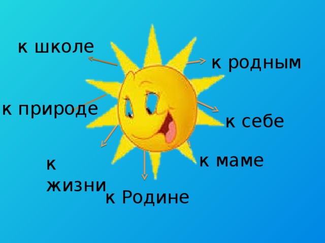 к школе к родным к природе к себе к маме к жизни к Родине 