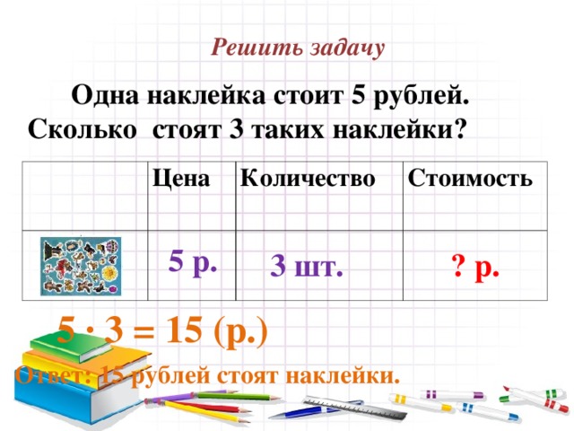 Решить задачу  Одна наклейка стоит 5 рублей. Сколько стоят 3 таких наклейки? Цена Количество Стоимость 5 р. 3 шт. ? р.  5 ∙ 3 = 15 ( р.) Ответ: 15 рублей стоят наклейки. 