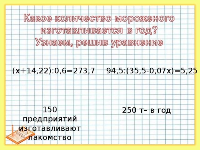 ( x+14,22) :0,6=273,7 94,5:(35,5-0,07 x)=5 ,25 150 предприятий изготавливают лакомство 250  т– в год   