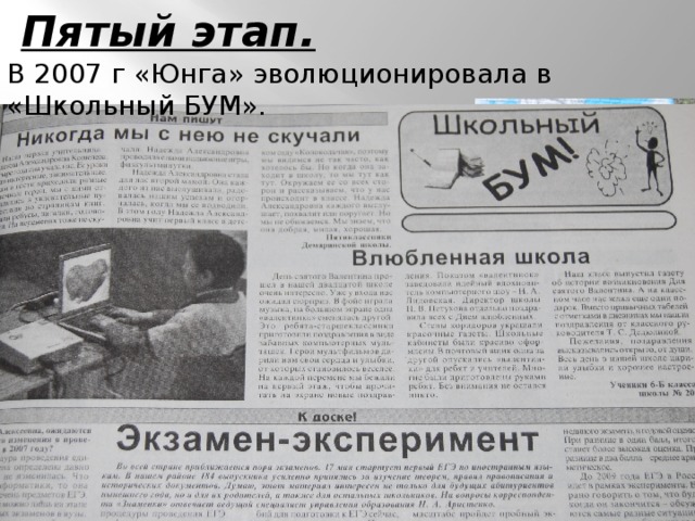 Пятый этап. В 2007 г «Юнга» эволюционировала в «Школьный БУМ». 