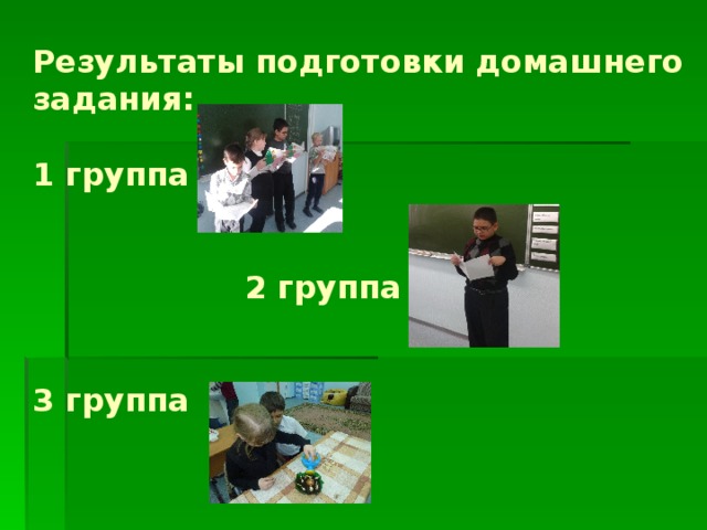 Результаты подготовки домашнего задания:   1 группа       2 группа    3 группа   